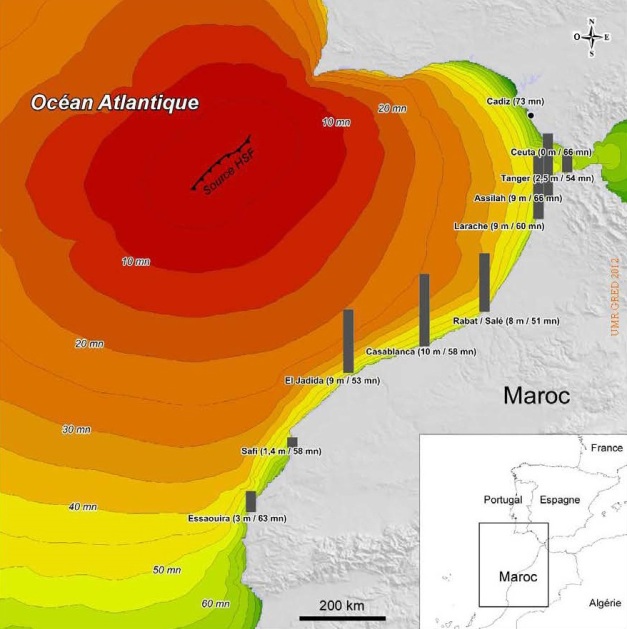 tempo de trajecto em minutos e altura máxima para vagas para um tsunami tipo 1755 MELLAS 2012